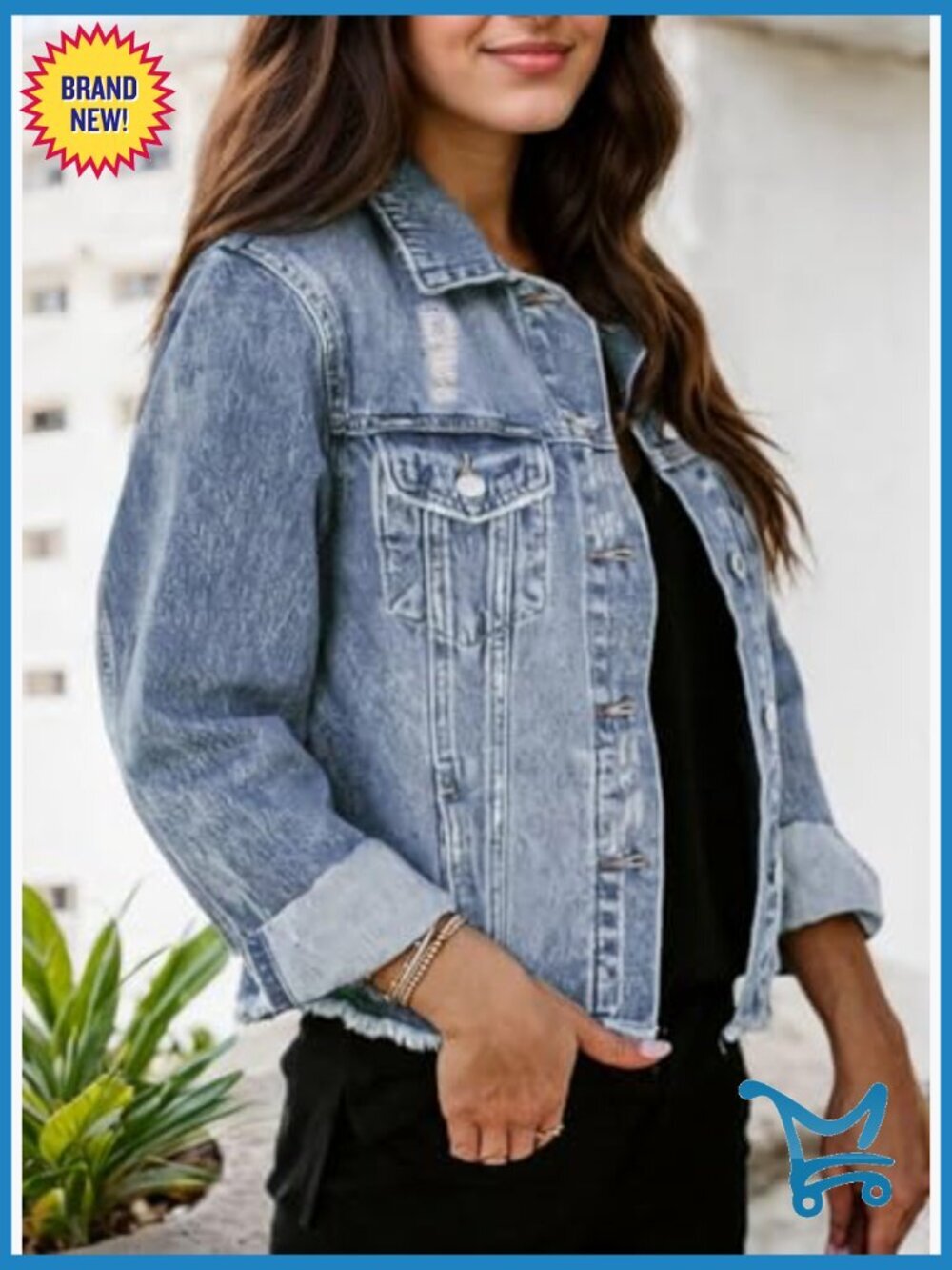 Distressed Frayed Ripped Denim Jacket with Pockets Button Down - Picture 3 of 7